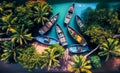 An Illustration of an aerial view of fishing boats in a tropical village, AI-Generated image