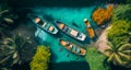 An Illustration of an aerial view of fishing boats in a tropical village, AI-Generated image