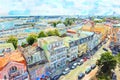 Aerial view over Baltic sea town Warnemunde with its houses beach and port