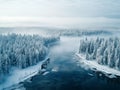 illustration of aerial view of stunning winter landscape with snow covered trees and beautiful down