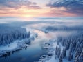 illustration of aerial view of stunning winter landscape with snow covered trees and beautiful down