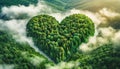 Illustration of aerial view to heart shaped forest amidst misty mountains, showcasing nature beauty and serenity. Generative