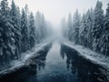 illustration of aerial vieww of stunning winter landscape with snow covered trees and beautiful down