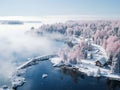 illustration of aerial vieww of stunning winter landscape with snow covered trees and beautiful down