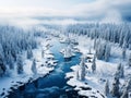 illustration of aerial vieww of stunning winter landscape with snow covered trees and beautiful down