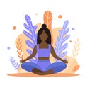 Illustration of African American black woman sitting in lotus position on the background of abstract nature. Woman meditating Royalty Free Stock Photo