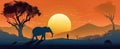 illustration of an African sunset with an elephant and a person silhouetted against the large, yellow sun, ai generative