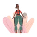 Illustration of an african woman in exosuit with abstract foliage. Medical exoskeleton to help people with disabilities.