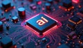 Illustration of Ai chip attached to digital circuit board. Generative Ai concept features computer part connection with computer Royalty Free Stock Photo