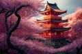 Illustration of AI generated Japanese pagoda surrounded with cherry blossom trees