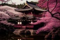 Illustration of AI generated Japanese temple surrounded with cherry blossom trees