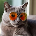 A cat getting dressed for the impending summer and donning sunglasses