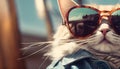 A cat getting dressed for the impending summer and donning sunglasses