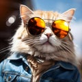 A cat getting dressed for the impending summer and donning sunglasses
