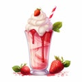 Illustration, AI generation. Delicious creamy strawberry shake, white background