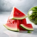 Illustration, AI generation. Pieces of red watermelon on a gray marble background. Sliced juicy watermelon