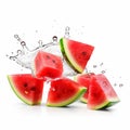 Illustration, AI generation. Pieces of red watermelon on a white background. Sliced juicy watermelon