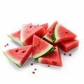 Illustration, AI generation. Pieces of red watermelon on a white background. Sliced juicy watermelon