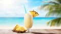 Illustration, AI generation. Pina colada in a glass, tropical sea background