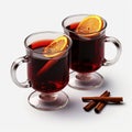 Illustration, AI generation. Wine glasses with mulled wine on a white background