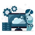 Illustration of AI robot interacting with cloud computing system on monitor, database servers, and gears. Royalty Free Stock Photo