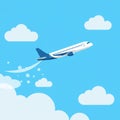 llustration of an airplane in flight against a clear blue sky. White clouds with a simple, Royalty Free Stock Photo