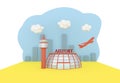 Illustration of an airport building, a flying plane, clouds, a city in the shade