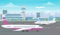 Illustration of Airport terminal building with big plane and aircraft taking off on modern city background. Flat cartoon Royalty Free Stock Photo