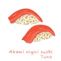 Illustration of akami nigiri tuna sushi with side and three quarter flat style. Royalty Free Stock Photo