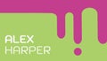 Illustration of alex harper text with pink abstract patterns on green background, copy space