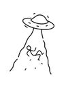 Illustration of alien abduction of man. Vector. Linear style. Illustration for website or presentation. Ship UFO abducts the