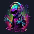 Illustration of alien dj with headphones. Generative AI