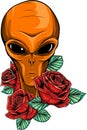 vector illustration of Alien head and red roses flowers. Royalty Free Stock Photo