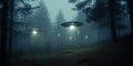 A group of UFOs hovering through trees and mist