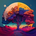 Illustration of all seasons at once with psychedelic style