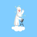 Illustration of almighty bearded god character on fluffy white cloud with halo over his head and playing on synthesizer