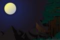 Illustration of alone wild wolf howling at full moon night in forest, paper craft style Royalty Free Stock Photo