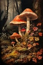 Illustration of amanita muscaria mushrooms in the forest. Royalty Free Stock Photo