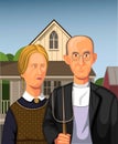 Illustration of American Gothic by Grant Wood 1930 potrait of Farmer with Daughter holding pitchfork in Eldon,Iowa. USA. vector