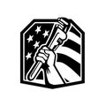 American Plumber Hand Holding a Pipe Wrench USA Flag Crest Black and White Retro