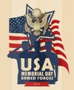 Illustration with American soldiers salutes on background of the flag