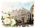 illustration of Amsterdam street and roses. Royalty Free Stock Photo