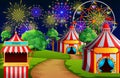 Amusement park scene with circus tent and firework Royalty Free Stock Photo