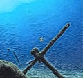 Oil painting of an anchor underwater