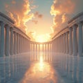 Illustration of ancient columns with bright sunlight, clouds. Classical architecture reflects in polished floor. Conceptual Royalty Free Stock Photo
