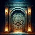 illustration of an ancient door and carved with magical symbols