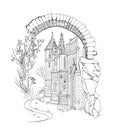 Illustration of ancient medieval castle. Fairyland kingdom. Black and white page for kids coloring book. Worksheet for drawing and Royalty Free Stock Photo