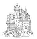 Illustration of ancient medieval castle. Fairyland kingdom. Black and white page for kids coloring book. Worksheet for drawing and Royalty Free Stock Photo