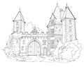 Illustration of ancient medieval castle with gates. Black and white page for kids coloring book. Fairyland fortress. Worksheet for Royalty Free Stock Photo
