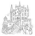 Illustration of ancient medieval fortress. Fairyland kingdom. Black and white page for kids coloring book. Worksheet for drawing